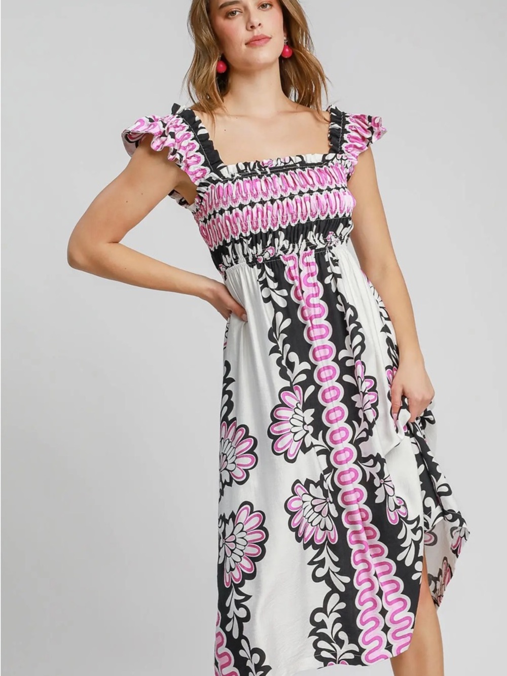 Smocked Floral Midi Dress in Pink & Black